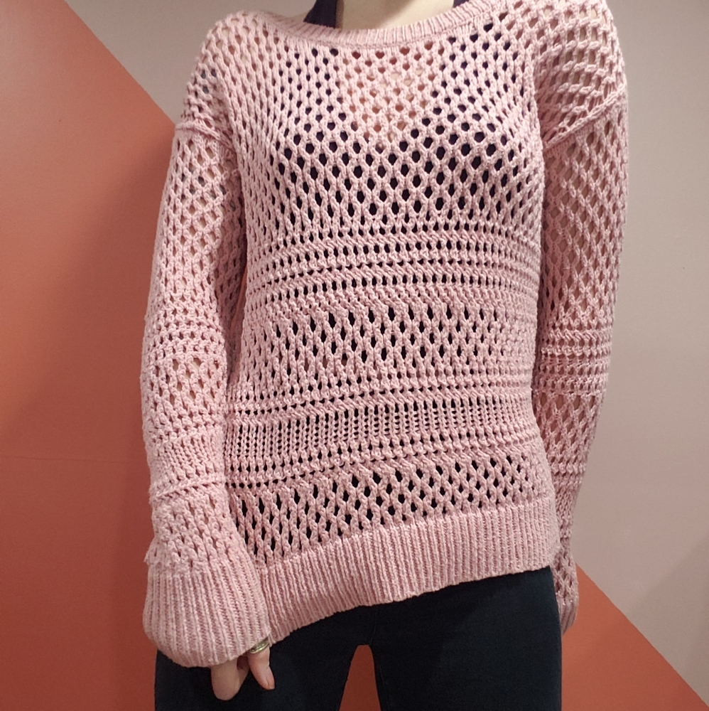 Scoop neck, crochet blush colored sweater